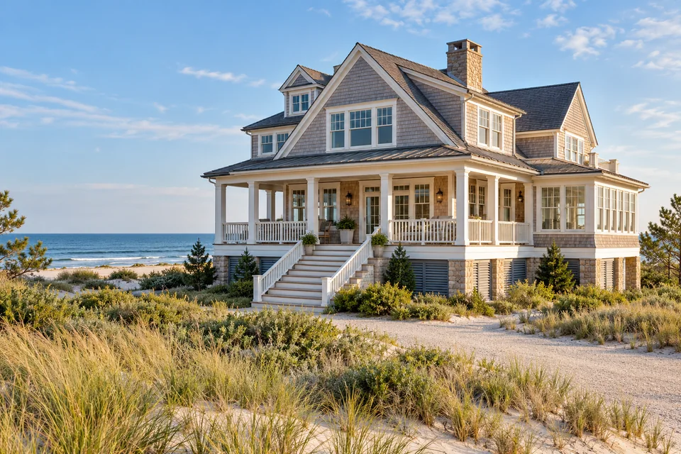 Illustrative elevated shingle home overlooking a sandy coastline