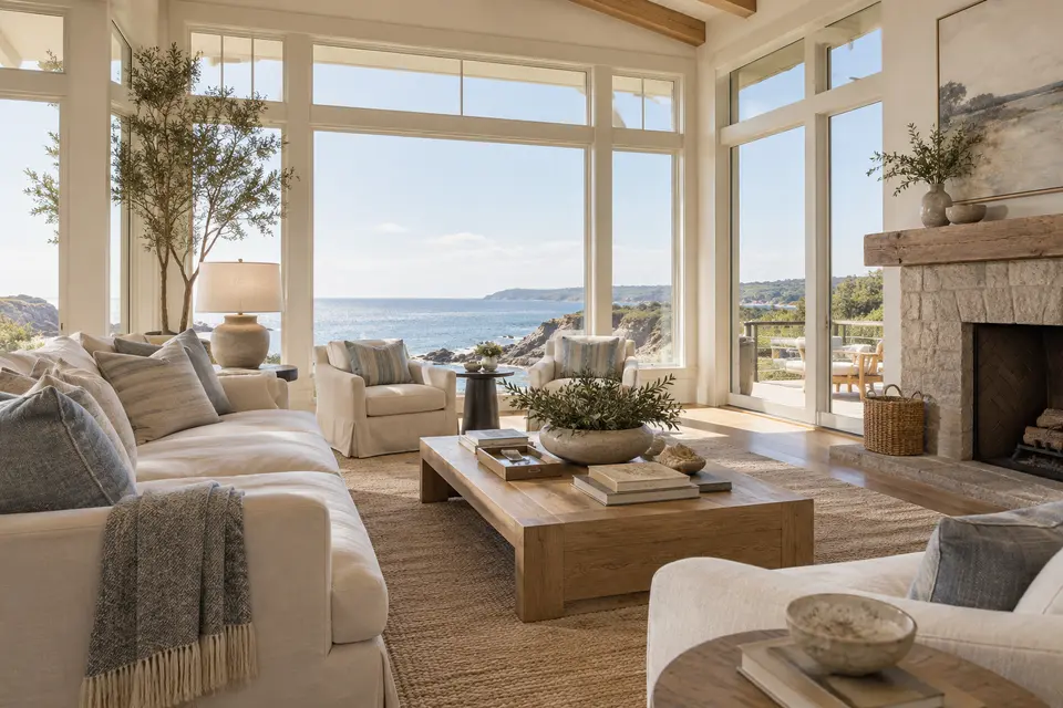 Illustrative coastal living room with large windows and soft natural light