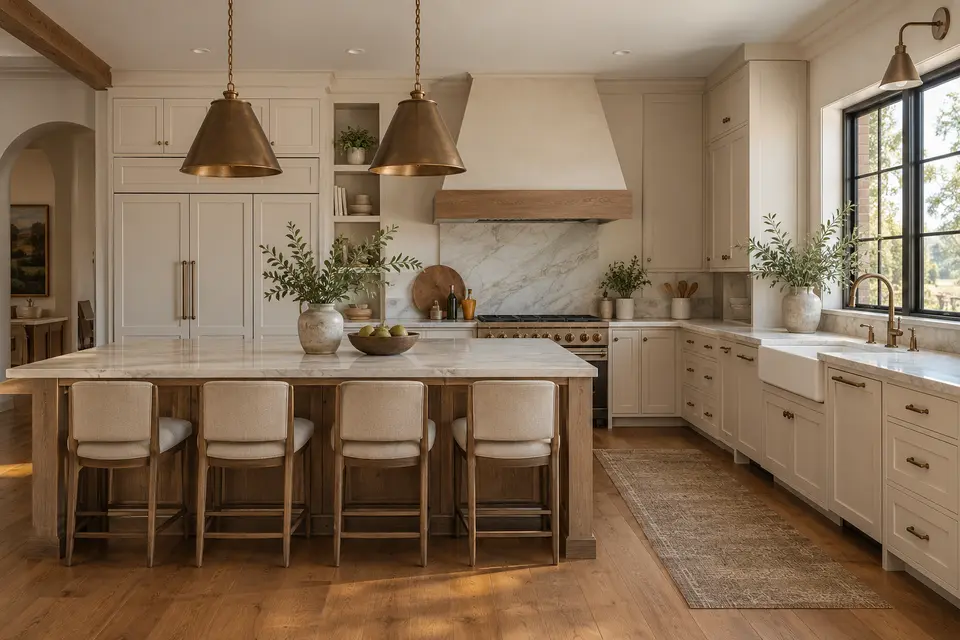 Illustrative custom kitchen with detailed cabinetry and stone countertops