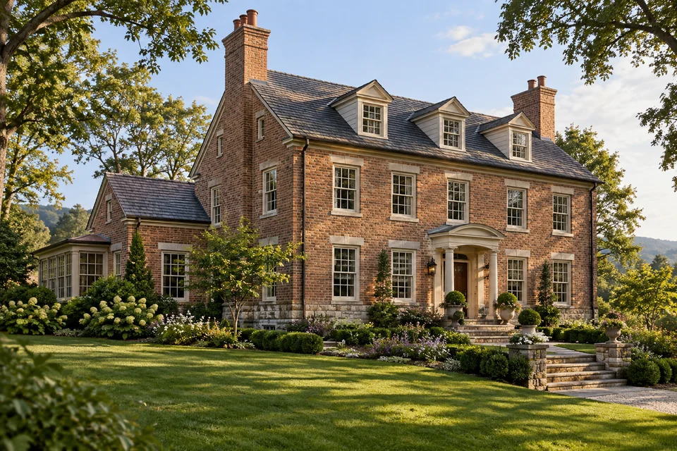 Illustrative historic brick home with traditional architectural details