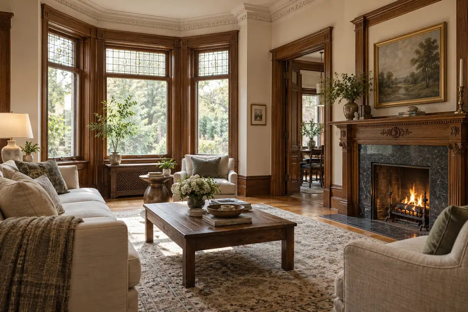 Illustrative historic living room with original woodwork and plaster details
