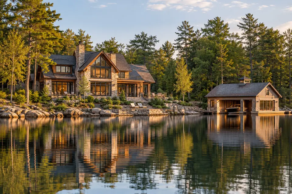 Illustrative stone and timber seasonal home beside a quiet lake
