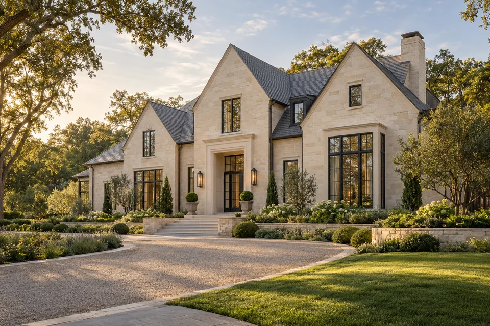 Illustrative limestone home with custom architecture and landscaped grounds