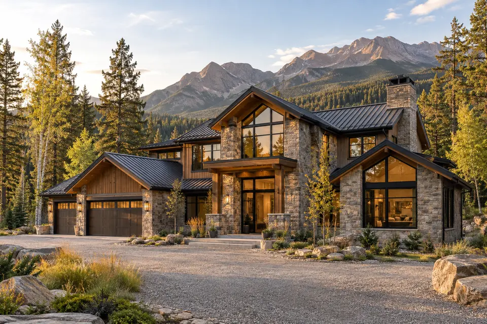 Illustrative timber and stone mountain home beside a woodland edge
