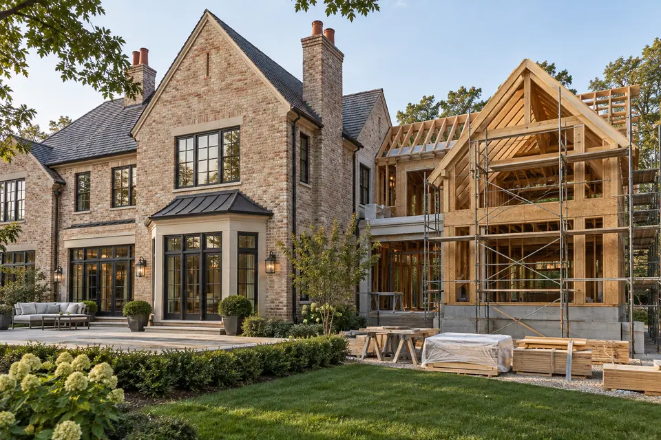 Illustrative brick residence with an addition under construction